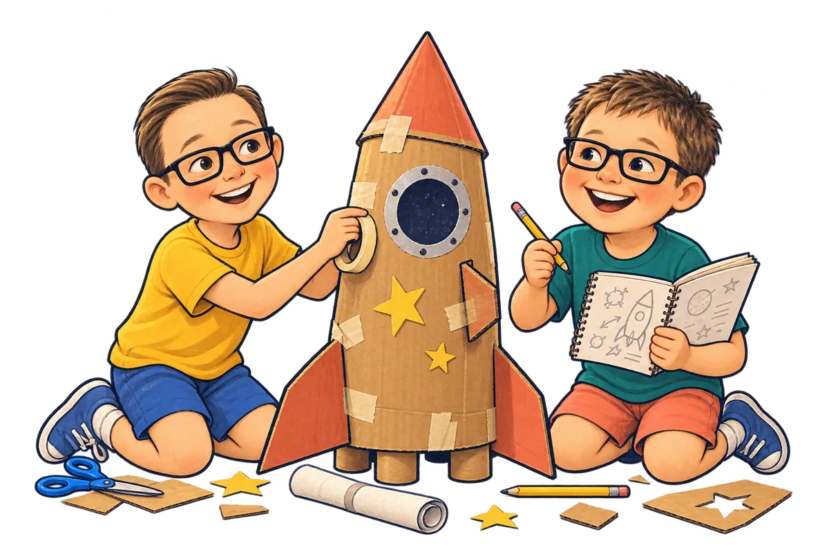 Young cartoon versions of Marty and Matt build a cardboard rocket together.