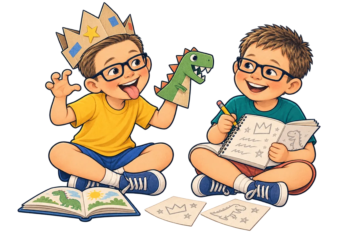 Marty makes a silly dinosaur story while Matt draws in a notebook.